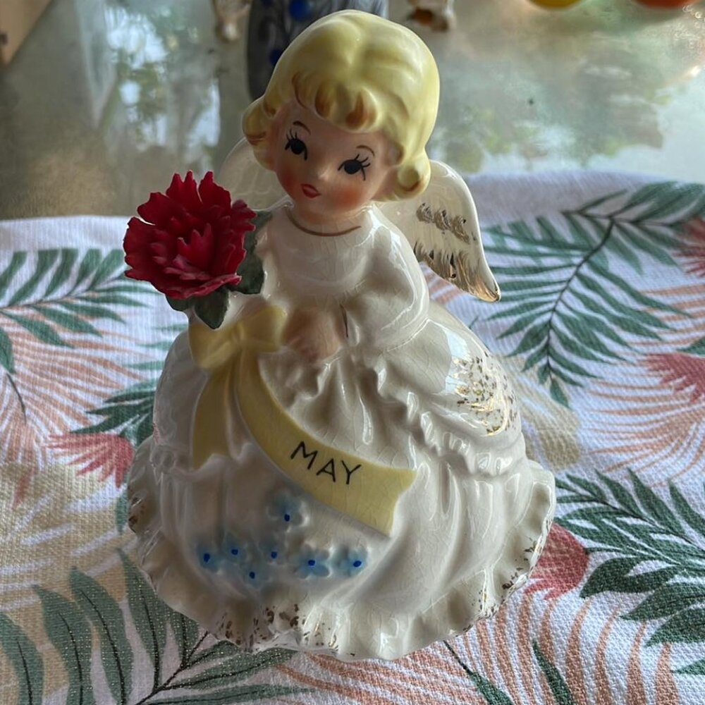 Vintage Lefton May Happy Birthday Angel Rotating Music Box Works